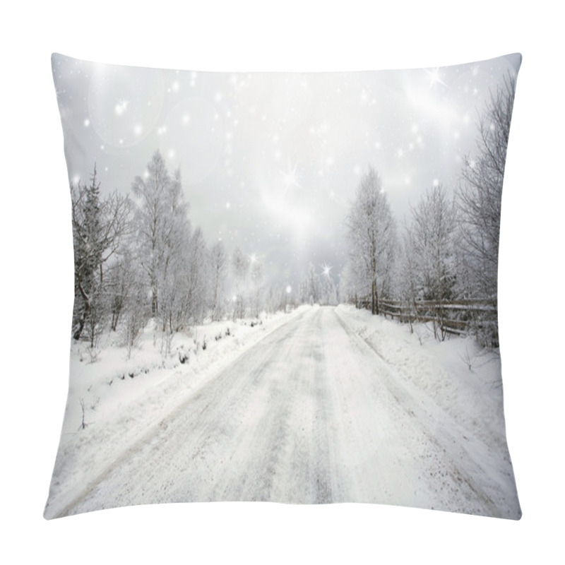 Personality  Winter road in the forest pillow covers