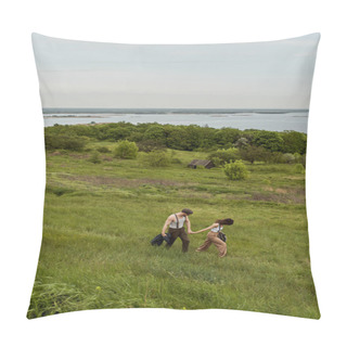Personality  Brunette Woman In Stylish Vintage Outfit Holding Hand Of Boyfriend In Sunglasses And Suspenders And Walking On Grassy Hill With Nature At Background, Stylish Couple Enjoying Country Life Pillow Covers
