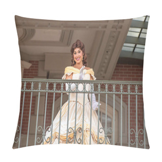 Personality  Orlando, Florida. August 04, 2020. Belle Waving From The Balcony At Walt Disney World Railroad At Magic Kingdom (7). Pillow Covers