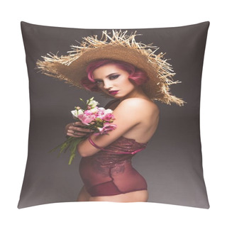 Personality  Pretty Pink Haired Curly Girl In Straw Hat Posing With Flowers Infront Of Grey Background  Pillow Covers