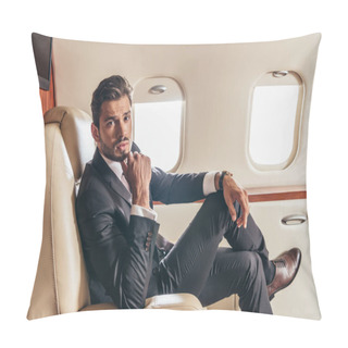 Personality  Handsome Businessman In Suit Looking At Camera In Private Plane  Pillow Covers