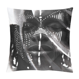 Personality  Paintography Of African American Man With Traditional Style Face Paint Dissolving Behind Watery Ink Brush Strokes Pillow Covers