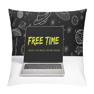 Personality  Laptop On Table With Enjoy Life While You Are Young And Free Time Lettering On Screen With White Galaxy Illustration On Black  Pillow Covers