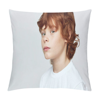 Personality  Redheaded Child Face Close-up Cropped View Of White T-shirt Freckles On The Face Pillow Covers