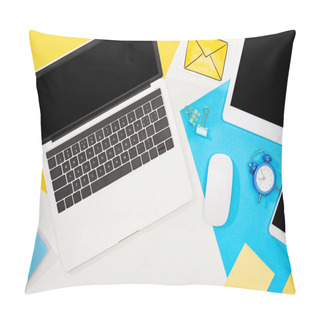Personality  Top View Of Digital Devices With Office Supplies And Mail Icon On Yellow, Blue And White Background Pillow Covers