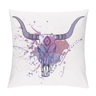 Personality  Vector Illustration Of Bull Skull With Watercolor Splash Pillow Covers