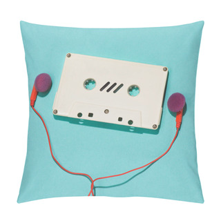 Personality  Flat Lay With White Retro Audio Cassette And Earphones Isolated On Blue Pillow Covers