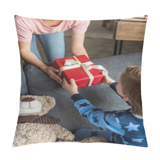 Personality  Cropped Shot Of Mother Presenting Christmas Gift To Little Son Pillow Covers