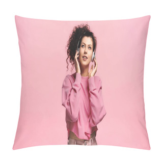 Personality  Happy Young Woman Adjusting Headphones While Listening Music Isolated On Pink Pillow Covers