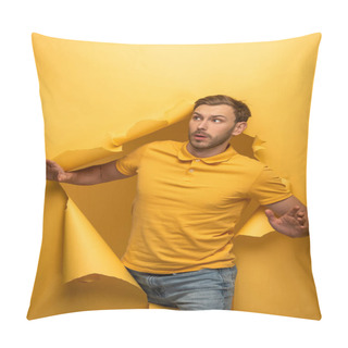 Personality  Surprised Handsome Man In Yellow Outfit Walking Through Yellow Paper Hole  Pillow Covers