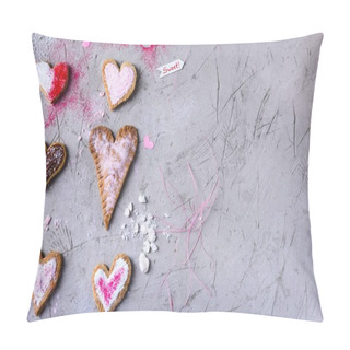 Personality  Top View Of Sweet Heart Shaped Cookies For Valentines Day On Grey Cracked Surface Pillow Covers