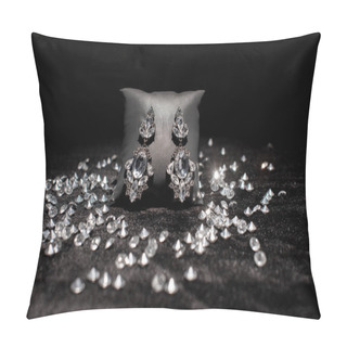 Personality  Selective Focus Of Jewelry Earnings Near Gemstones On Black Velour Isolated On Black  Pillow Covers