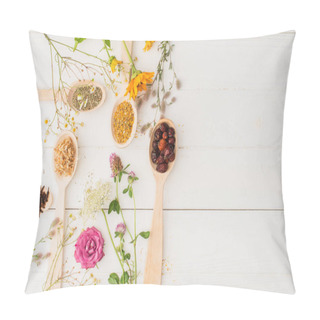 Personality  Top View Of Herbs In Spoons And Flowers On White Wooden Background, Naturopathy Concept Pillow Covers