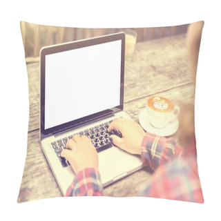 Personality  Girl With A Cup Of Coffee And A Blank Laptop, Mock Up Pillow Covers