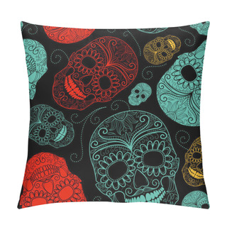 Personality  Seamless Blue, Black And Red Background With Skulls Pillow Covers