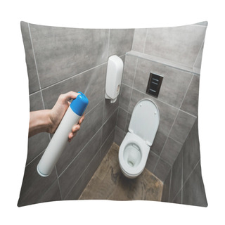 Personality  Cropped View Of Man Spraying Air Freshener In Modern Restroom With Grey Tile Pillow Covers
