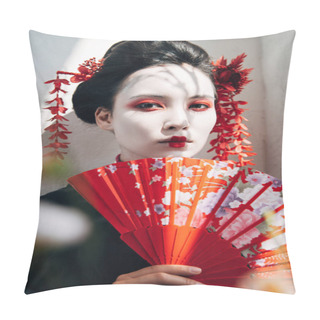 Personality  Selective Focus Of Tree Branches And Beautiful Geisha With Red And White Makeup Holding Hand Fan In Sunlight Pillow Covers