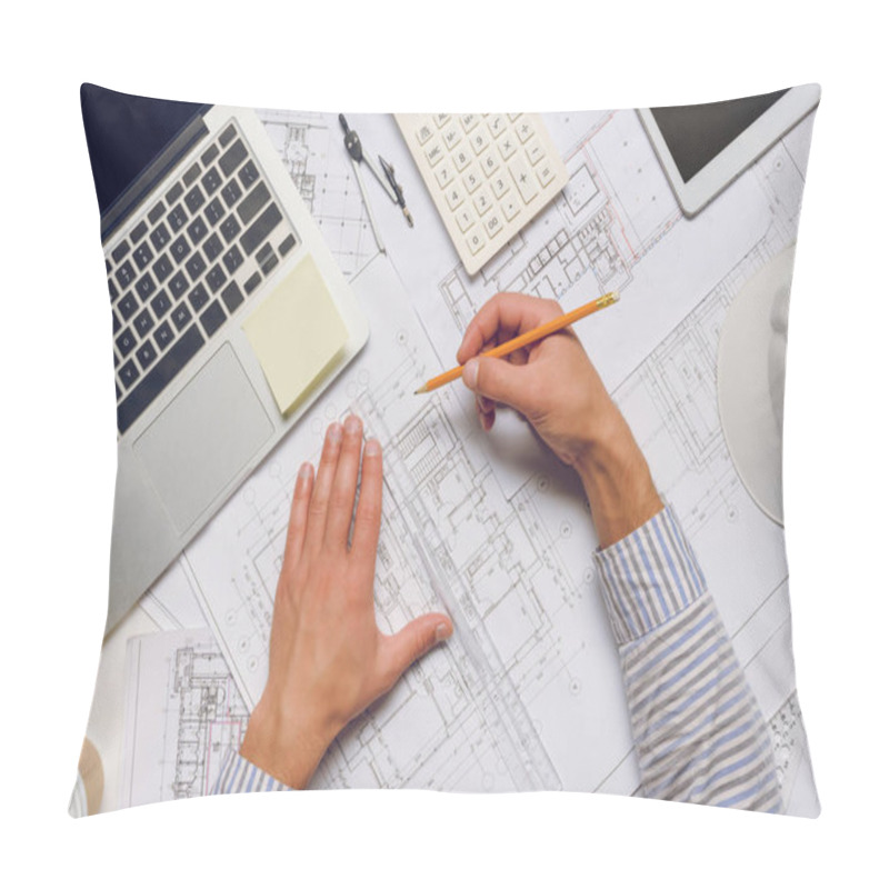 Personality  architect working with blueprints pillow covers