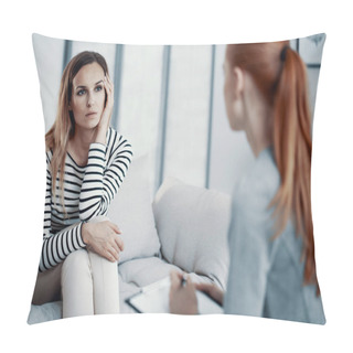 Personality  Sad Business Woman Consulting Psychiatrist About Her Eating Disorder Problems During Session In Office. Pillow Covers
