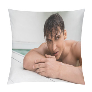 Personality  Muscular Man With Wet Hair Looking Away In Outdoor Pool Pillow Covers