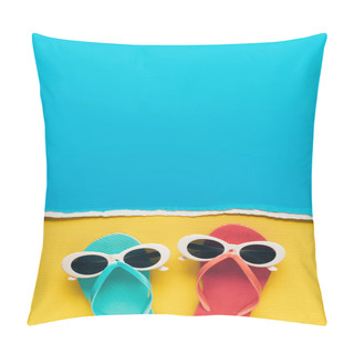 Personality  Top View Of Blue And Pink Flip Flops With Sunglasses On Yellow And Blue Paper Background Pillow Covers