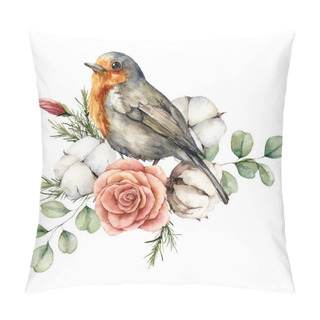 Personality  Watercolor Card With Robin Redbreast, Cotton, Rose And Eucalyptus Leaves. Hand Painted Bird And Flowers Isolated On White Background. Floral Illustration For Design, Print, Fabric Or Background. Pillow Covers