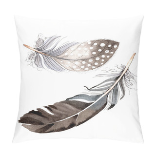 Personality  Watercolor Blue And Black Bird Feather From Wing Isolated. Aquarelle Feather For Background. Watercolour Drawing Fashion. Isolated Feathers Illustration Element. Pillow Covers