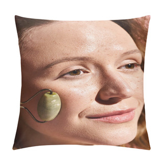 Personality  A Stunning Woman With Natural Beauty Showcasing Face Roller With Elegance And Grace. Pillow Covers