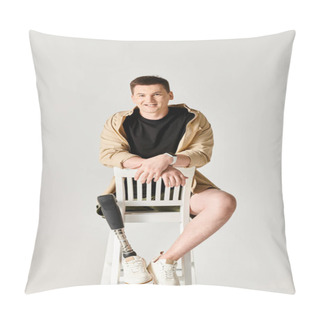 Personality  A Handsome Man With A Prosthetic Leg Sits Confidently Atop A White Chair. Pillow Covers