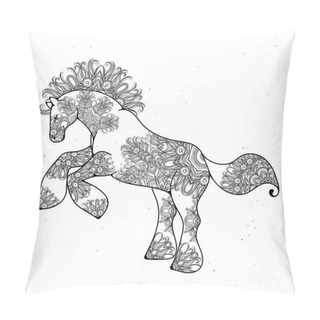 Personality  Antistress Linear Page With Horse. Zentangle Animal For Colouring Book, Greeting Card, Mandala Decoration Element, Art Therapy. Pillow Covers