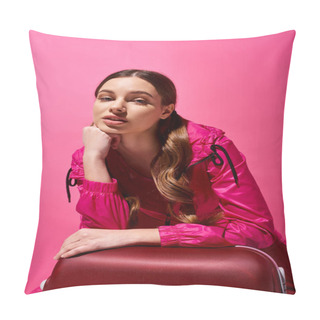 Personality  A Young, Stylish Girl In Her Twenties Sits Atop A Bright Red Suitcase In A Studio, Against A Pink Background. Pillow Covers