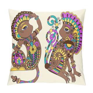Personality  Line Art Drawing Of Two Ethnic Monkey In Decorative Ukrainian St Pillow Covers