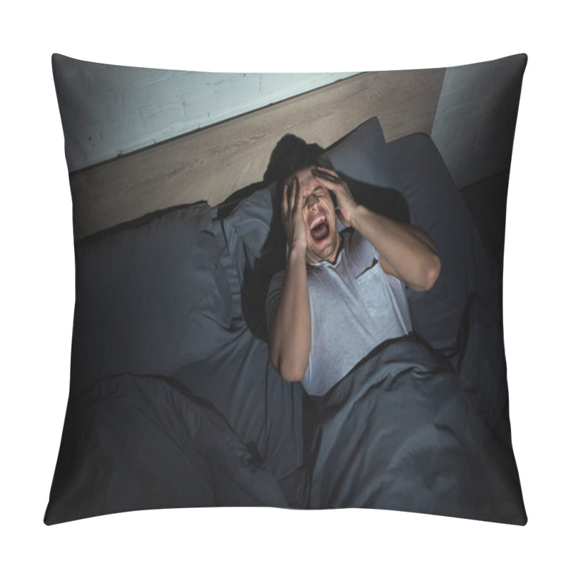 Personality  Top View Of Young Man Screaming While Having Nightmares And Panic Attacks At Night  Pillow Covers