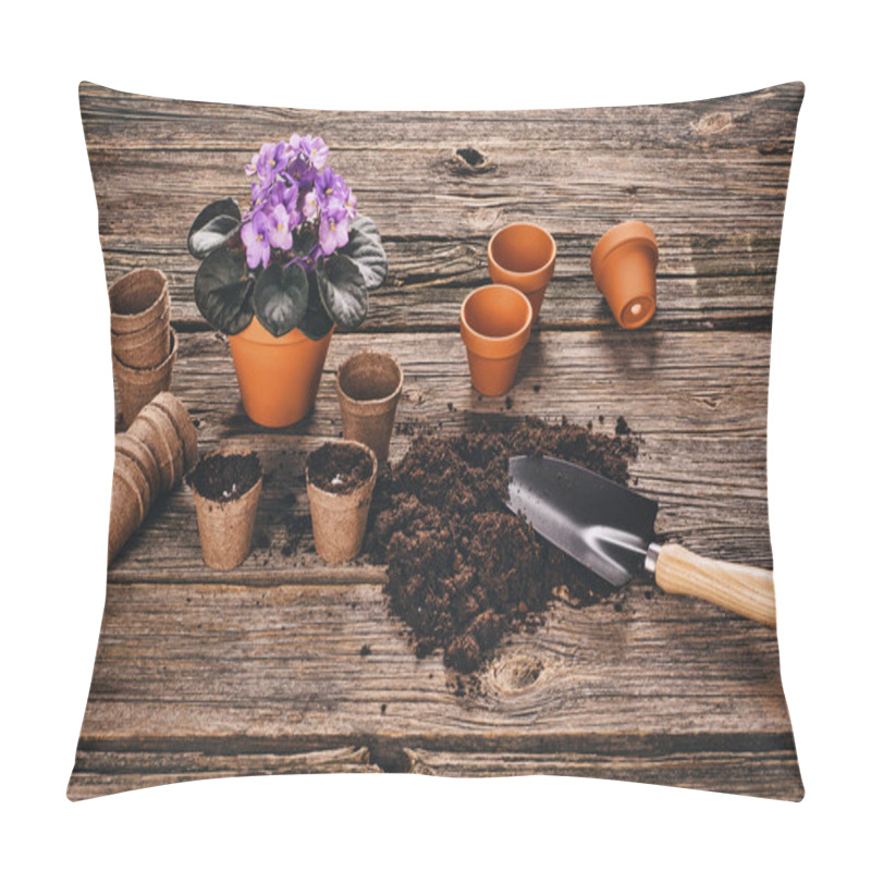 Personality  Planting a potted plant on natural wooden background in garden pillow covers