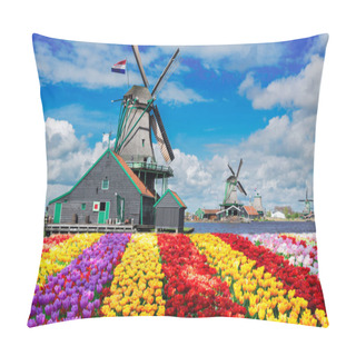 Personality  Traditional Dutch Windmill Over Colorful Stripes Of Tulips Field, Holland Pillow Covers