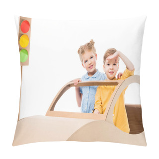 Personality  Siblings Playing With Cardboard Car And Traffic Lights, Isolated On White  Pillow Covers