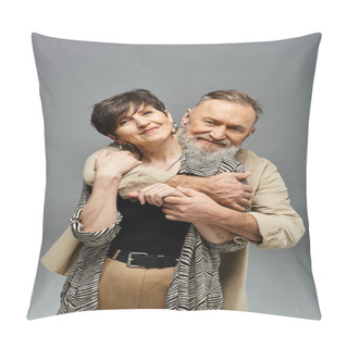 Personality  Middle-aged Couple In Stylish Attire Sharing A Warm, Tender Hug In A Studio Setting, Expressing Love And Connection. Pillow Covers