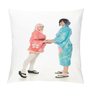 Personality  Young Couple In Colorful Kimonos And Wigs Holding Hands And Looking At Camera On White, Anime Style Pillow Covers