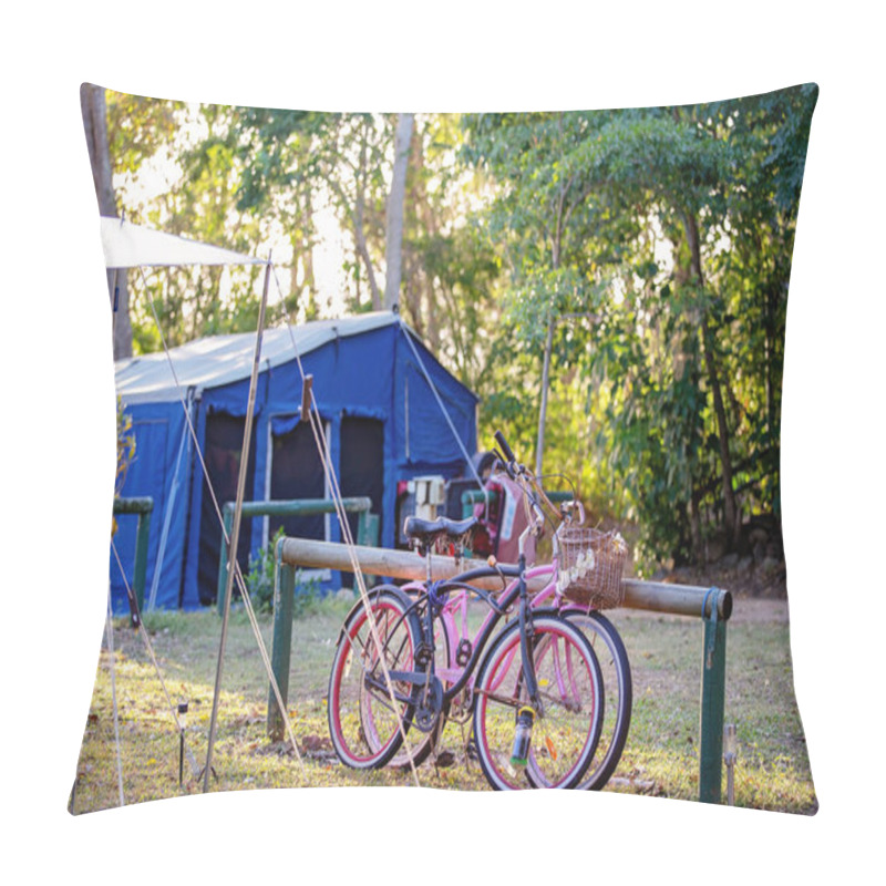 Personality  Bicycles leaning against a rail post at a bush camp site in Australia pillow covers