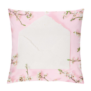 Personality  Top View Of White Envelope Surrounded With Blooming Cherry Branches On Pink Background Pillow Covers