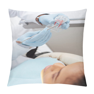 Personality  Selective Focus Of Dentist Holding Dental Instrument Neat Tooth Model And African American Patient  Pillow Covers