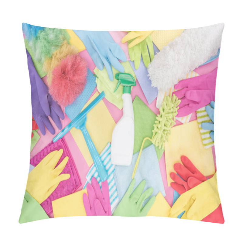 Personality  Top View Of Messy Scattered Multicolored Cleaning Supplies On Pink Background Pillow Covers