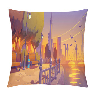 Personality  Summer Landscape Of Sea Beach Embankment At Sunset. City Park On River Waterfront With Green Trees, Benches And Silhouettes Of Town Buildings And Bridge On Horizon, Vector Illustration Pillow Covers