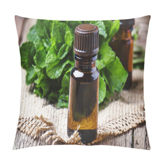 Personality  Essential Oil Of Peppermint In A Small Brown Bottle With Fresh Green Mint, Rustic Style, Vintage Wooden Background, Selective Focus Pillow Covers