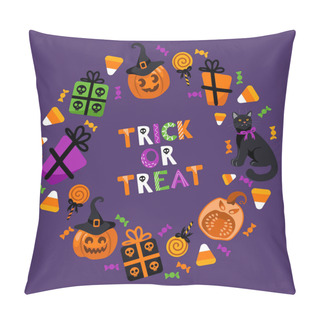 Personality  Trick Or Treat. Halloween Bright Vector Illustration. Pumpkin Lantern, Witch Hat, Cat, Lollipops, Gifts With Skulls, Stars And Candy Corn. For Stickers, Posters, Postcards, Design Elements Pillow Covers