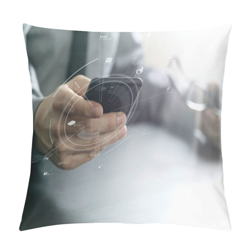 Personality  close up of businessman working with mobile phone and eyeglass o pillow covers