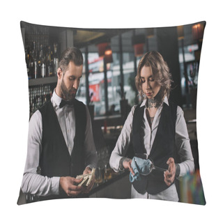 Personality  Bartenders Counting Tips And Cleaning Glasses At Bar Pillow Covers