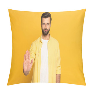 Personality  Handsome Man Showing Stop Sign On Yellow Background Pillow Covers