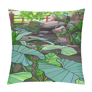Personality  Alocasia Plant On A Background Of Landscape Design With Stones And Plants. Vector Image Pillow Covers