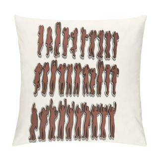 Personality  CROWD OF ISOLATED PEOPLE IN JOY Made By 3D Illustration Of A Shiny Metallic Sculpture On A Wall With Light Background. Editorial And City Pillow Covers